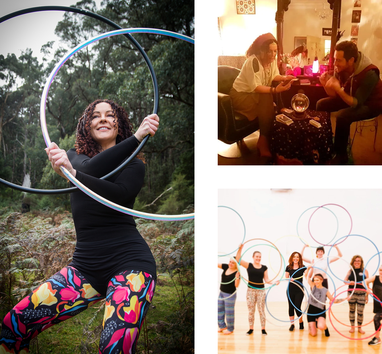 Woman with hula hoops, people indoors.